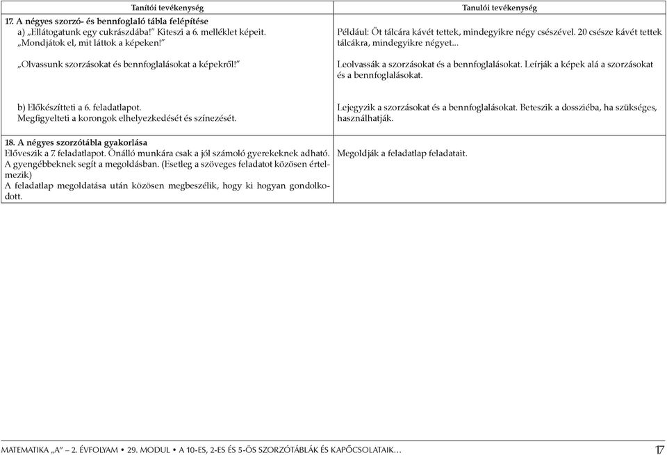 .. Leolvassák a szorzásokat és a bennfoglalásokat. Leírják a képek alá a szorzásokat és a bennfoglalásokat. b) Előkészítteti a 6. feladatlapot. Megfigyelteti a korongok elhelyezkedését és színezését.