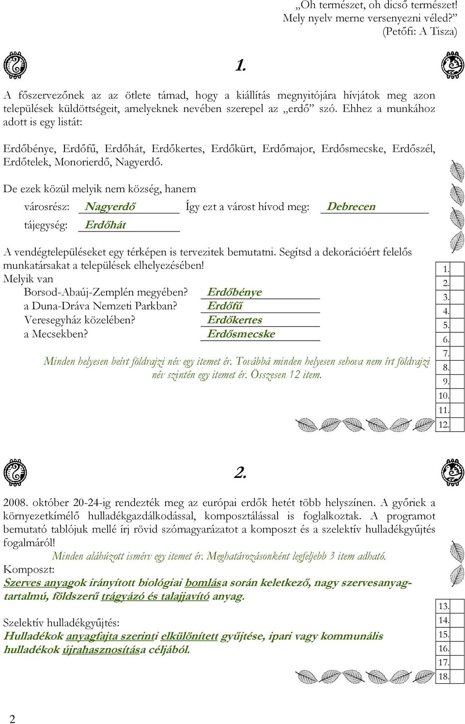 Ehhez a munkához adott is egy listát: Erdőbénye, Erdőfű, Erdőhát, Erdőkertes, Erdőkürt, Erdőmajor, Erdősmecske, Erdőszél, Erdőtelek, Monorierdő, Nagyerdő.