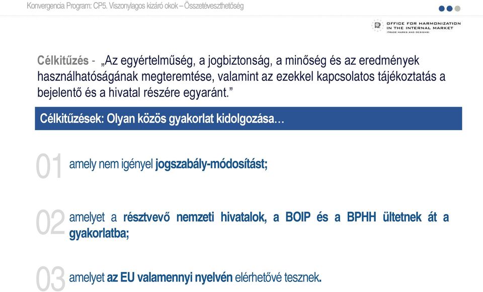 Célkitűzések: Olyan közös gyakorlat kidolgozása 01 amely nem igényel jogszabály-módosítást; 02 amelyet a