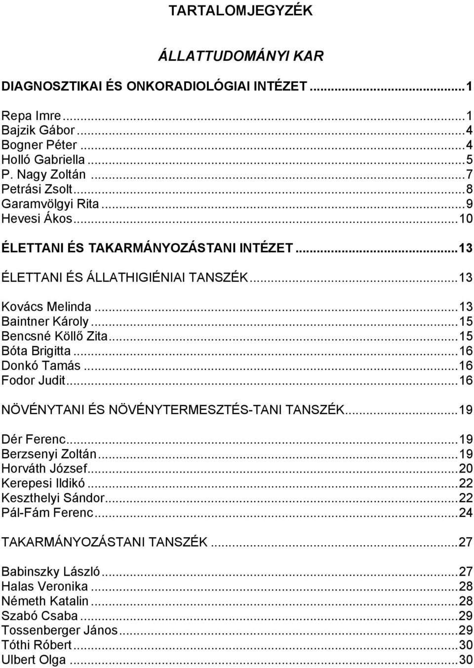 TARTALOMJEGYZÉK ÁLLATTUDOMÁNYI KAR - PDF Ingyenes letöltés