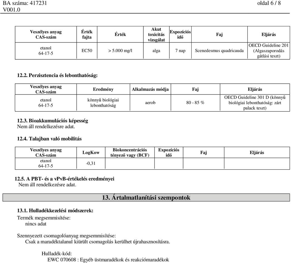 2. Perzisztencia és lebonthatóság: Eredmény Alkalmazás módja könny biológiai lebonthatóság aerob 80-85 % OECD Guideline 301 D (könny biológiai lebonthatóság: zárt palack teszt) 12.3. Bioakkumulációs képesség Nem áll rendelkezésre adat.