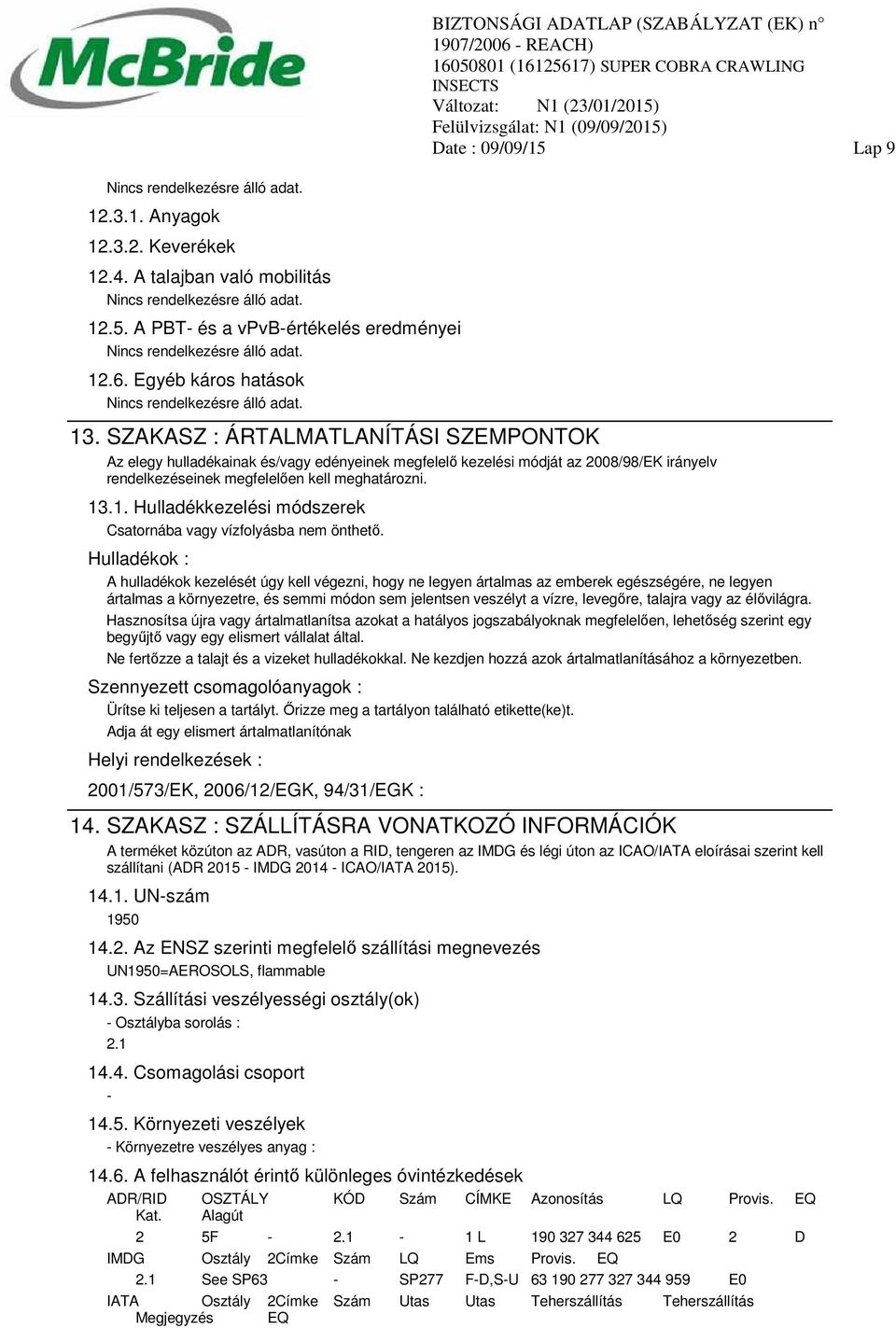 .1. Hulladékkezelési módszerek Csatornába vagy vízfolyásba nem önthető.