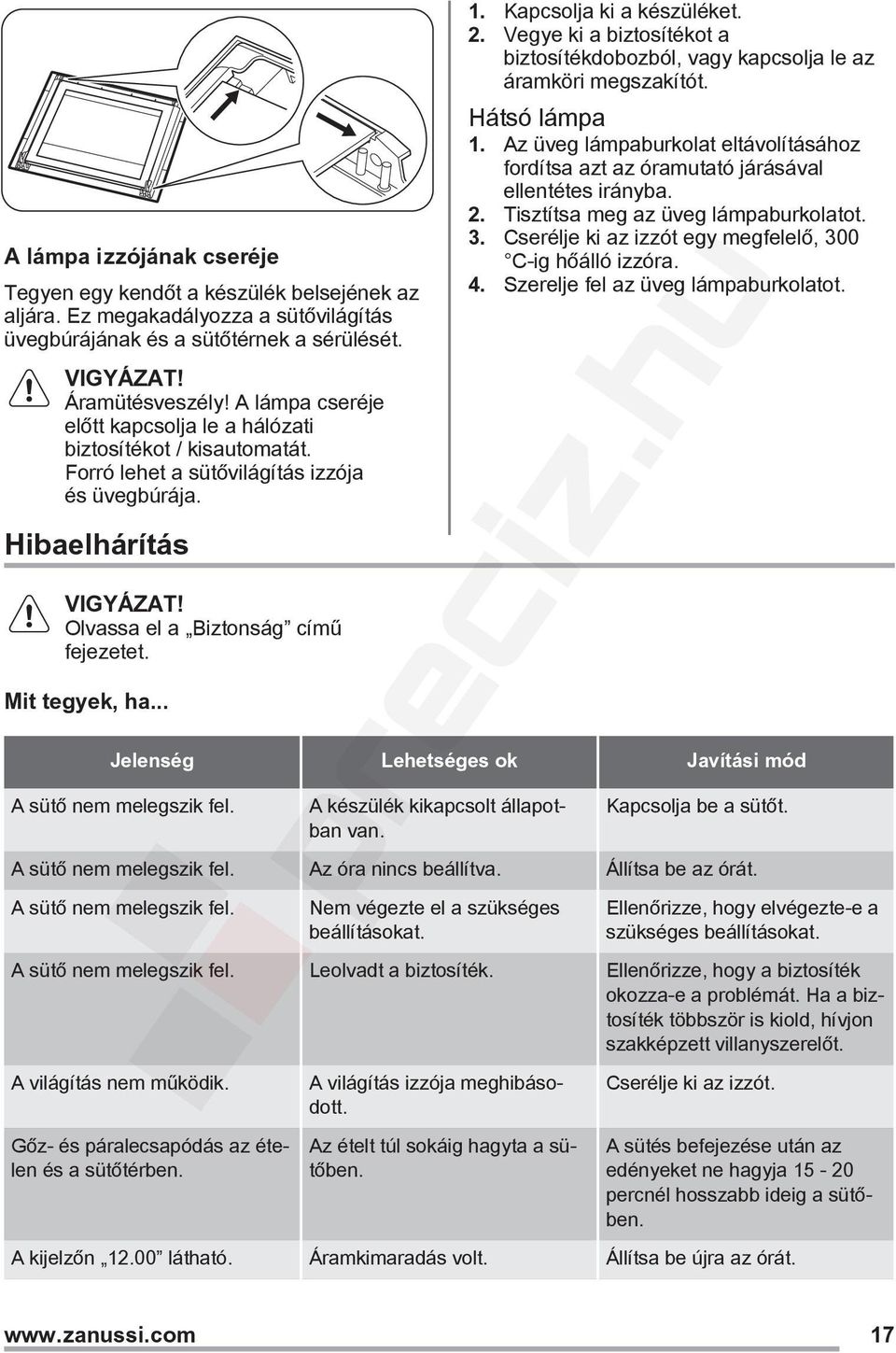 Kapcsolja ki a készüléket. 2. Vegye ki a biztosítékot a biztosítékdobozból, vagy kapcsolja le az áramköri megszakítót. Hátsó lámpa 1.