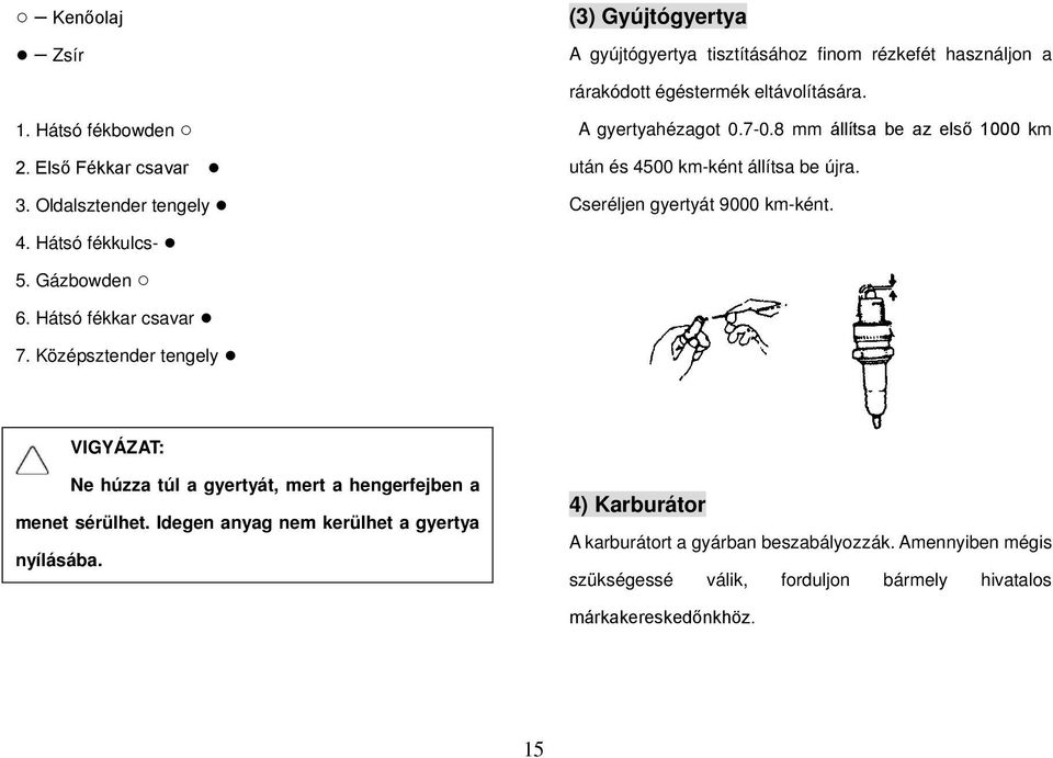 8 mm állítsa be az első 1000 km után és 4500 km-ként állítsa be újra. Cseréljen gyertyát 9000 km-ként.