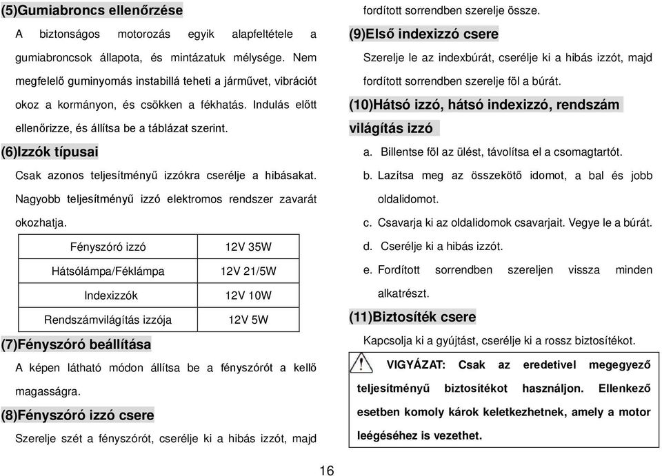 (6)Izzók típusai Csak azonos teljesítményű izzókra cserélje a hibásakat. Nagyobb teljesítményű izzó elektromos rendszer zavarát okozhatja. fordított sorrendben szerelje össze.