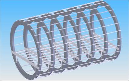 2. ábra Fél héjszerkezetű törzs SolidWorks CAD rendszerrel rajzolva Törzs teherviselő építő elemei a bordák, melyek feladata a csavaró merevség biztosítása, a hossztartók, melyek szerepe a húzó-nyomó