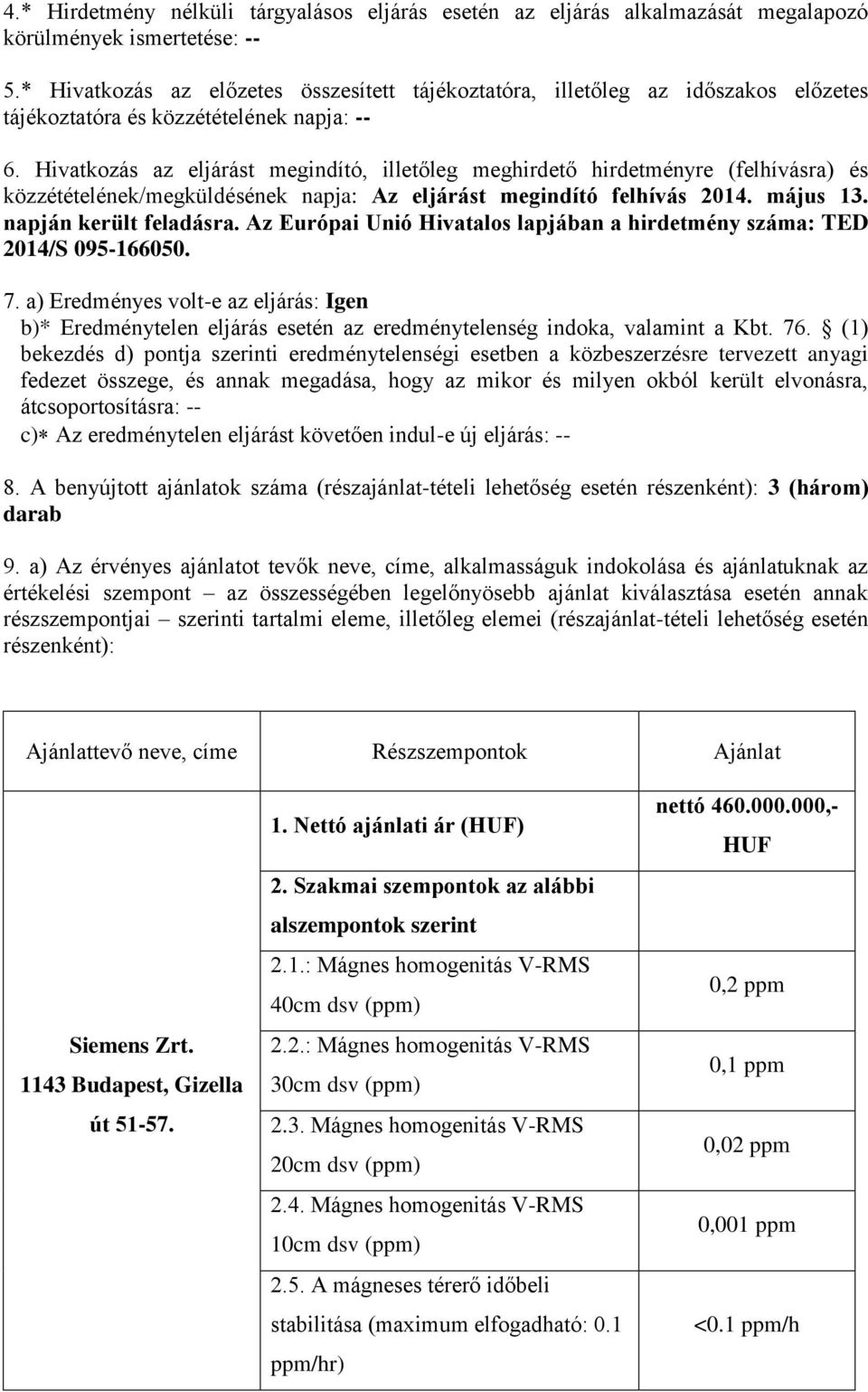 Hivatkozás az eljárást megindító, illetőleg meghirdető hirdetményre (felhívásra) és közzétételének/megküldésének napja: Az eljárást megindító felhívás 2014. május 13. napján került feladásra.