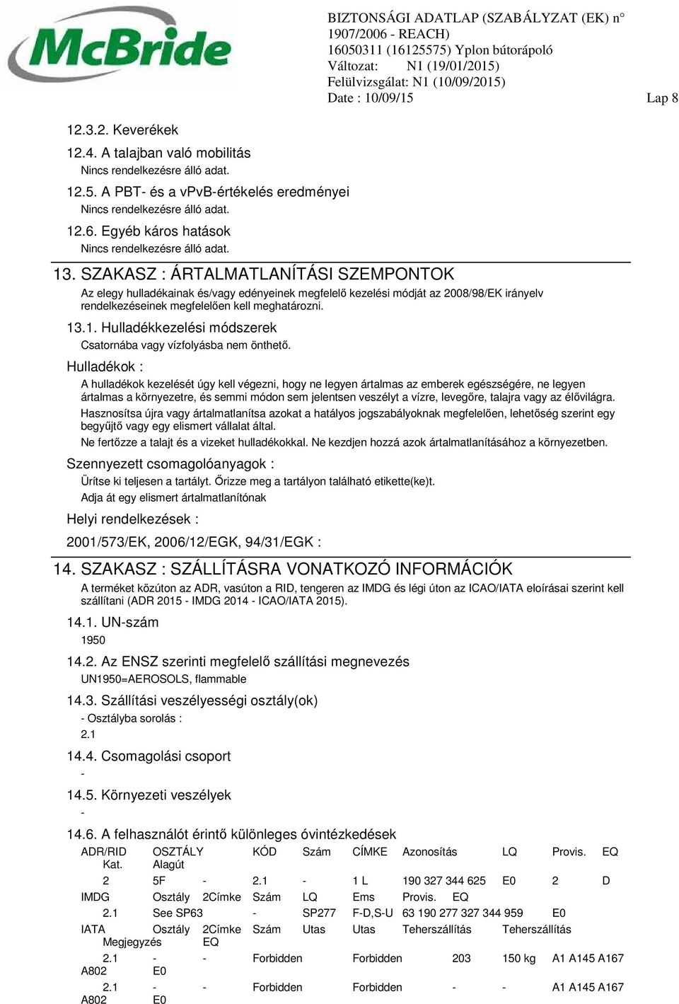 .1. Hulladékkezelési módszerek Csatornába vagy vízfolyásba nem önthető.