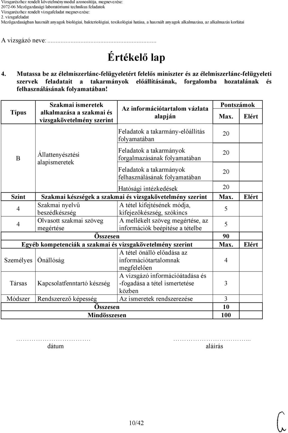 Típus B Szakmai ismeretek alkalmazása a szakmai és vizsgakövetelmény szerint Állattenyésztési alapismeretek Az információtartalom vázlata Feladatok a takarmány-előállítás folyamatában Feladatok a