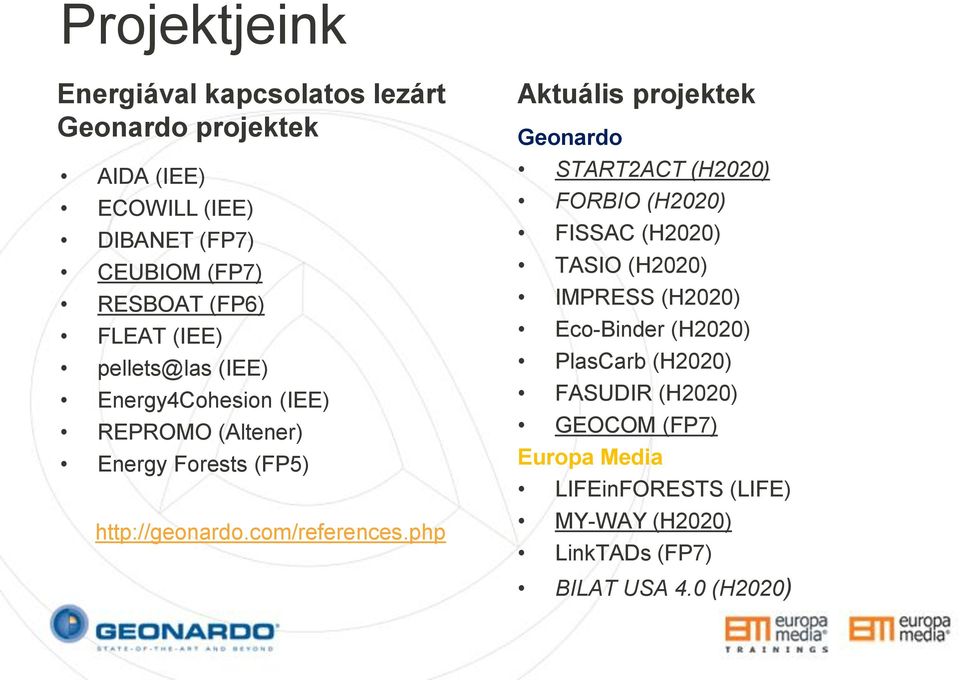 php Aktuális projektek Geonardo START2ACT (H2020) FORBIO (H2020) FISSAC (H2020) TASIO (H2020) IMPRESS (H2020) Eco-Binder