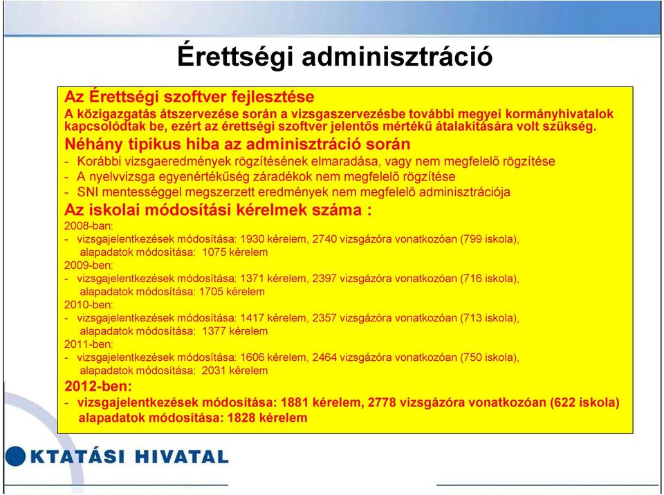 Néhány tipikus hiba az adminisztráció során - Korábbi vizsgaeredmények rögzítésének elmaradása, vagy nem megfelelő rögzítése - A nyelvvizsga egyenértékűség záradékok nem megfelelő rögzítése - SNI