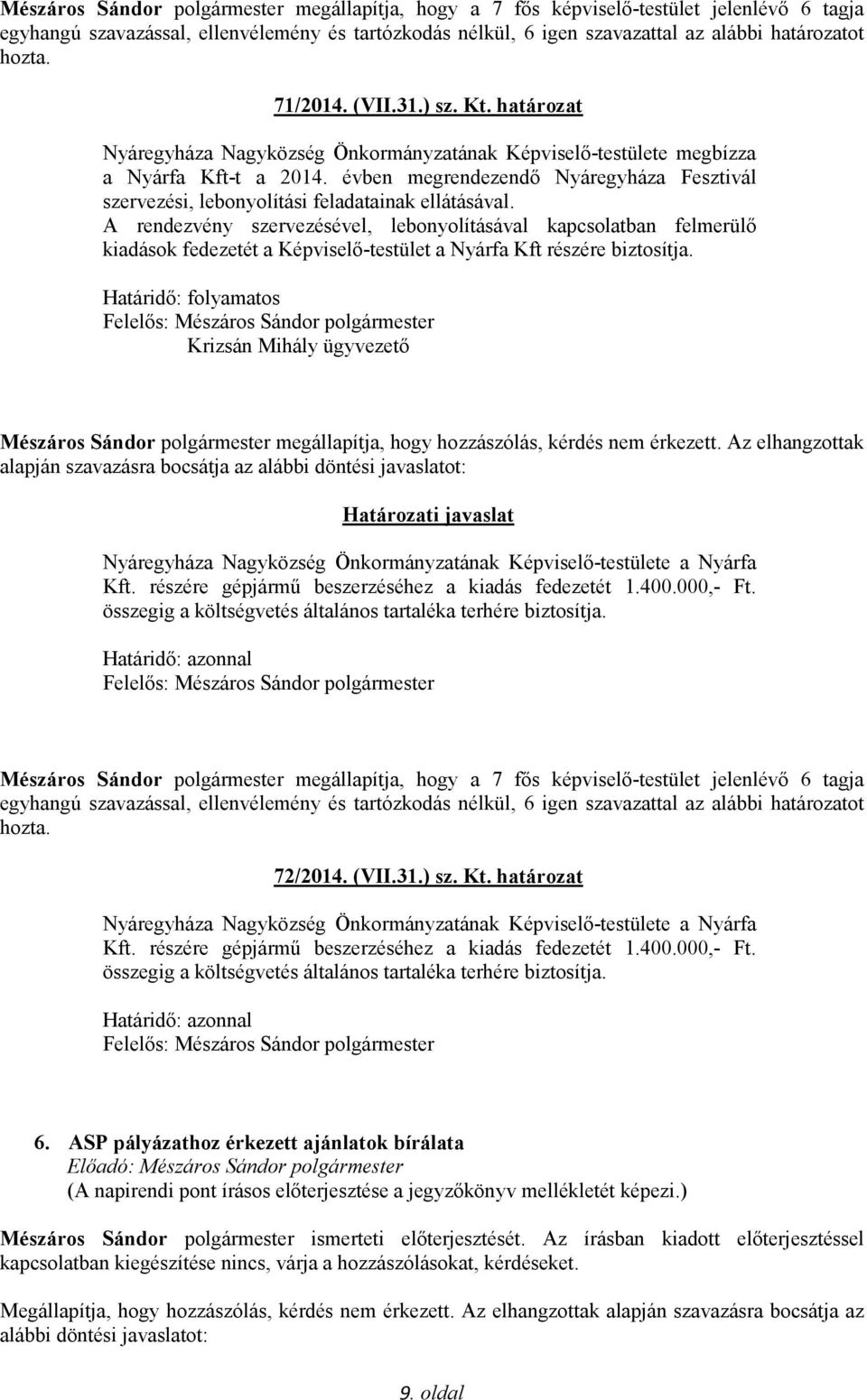 A rendezvény szervezésével, lebonyolításával kapcsolatban felmerülő kiadások fedezetét a Képviselő-testület a Nyárfa Kft részére biztosítja.