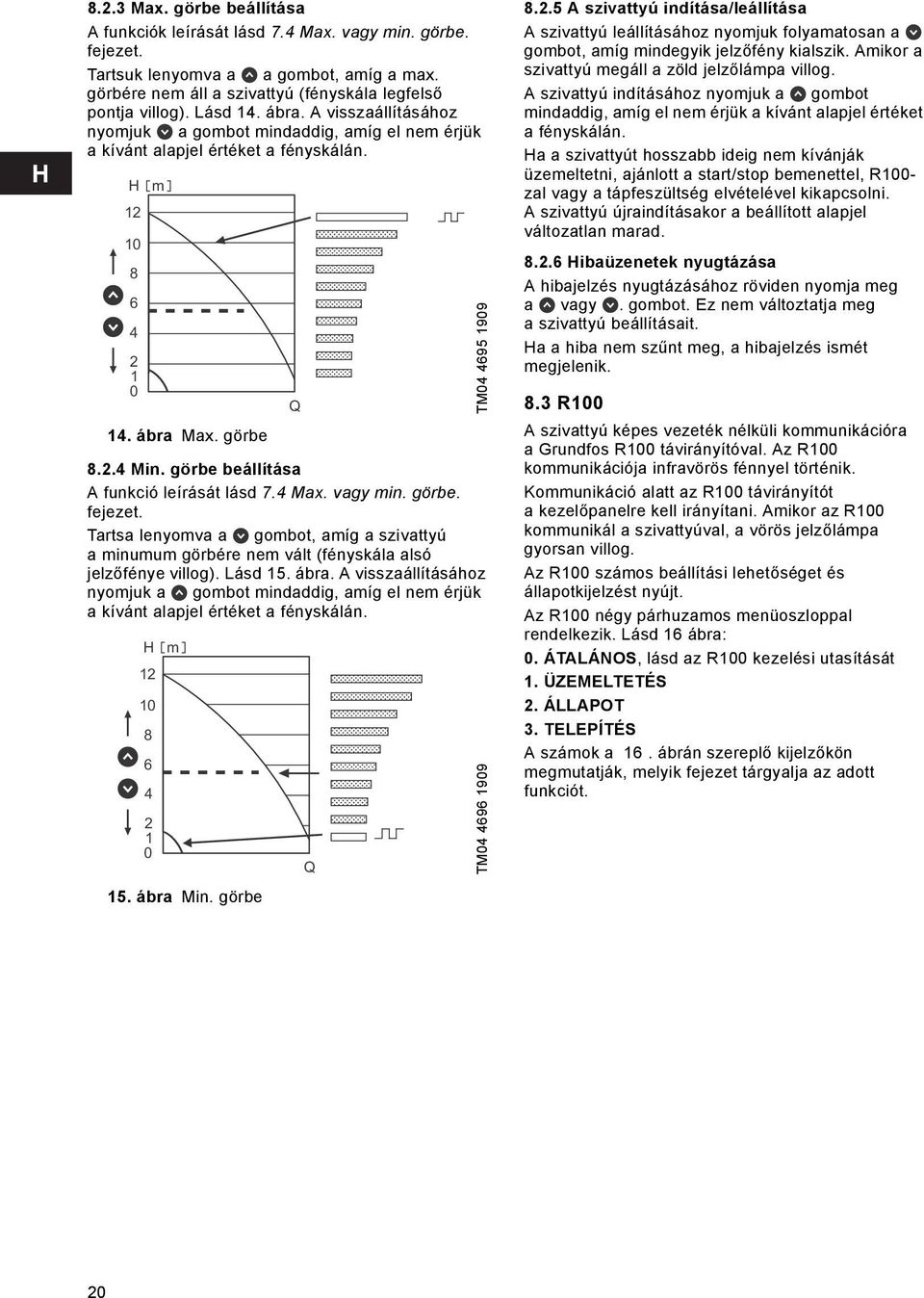 görbe beállítása A funkció leírását lásd 7.4 Max. vagy min. görbe. fejezet. Tartsa lenyomva a gombot, amíg a szivattyú a minumum görbére nem vált (fényskála alsó jelzőfénye villog). Lásd 15. ábra.
