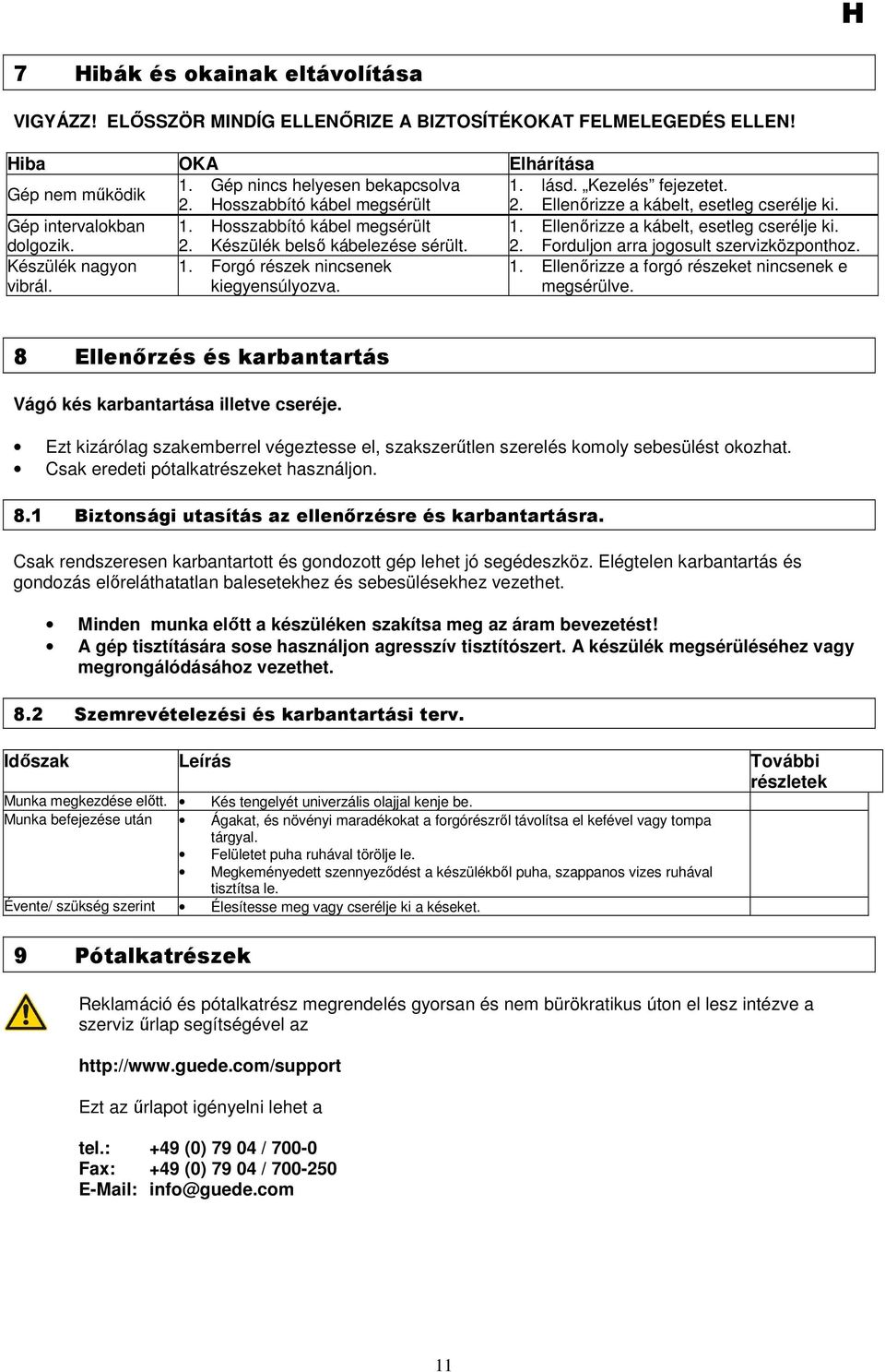 Készülék nagyon vibrál. 1. Forgó részek nincsenek kiegyensúlyozva. 1. Ellenırizze a forgó részeket nincsenek e megsérülve. 8 Ellenırzés és karbantartás Vágó kés karbantartása illetve cseréje.