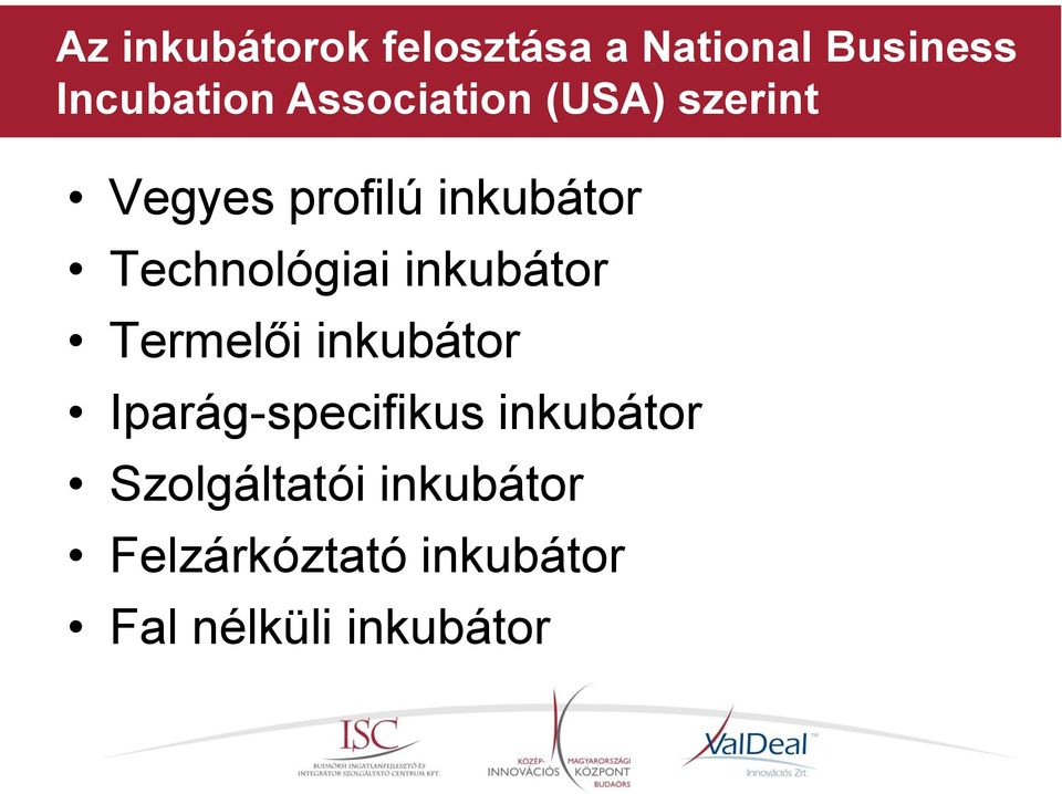 Technológiai inkubátor Termelői inkubátor Iparág-specifikus