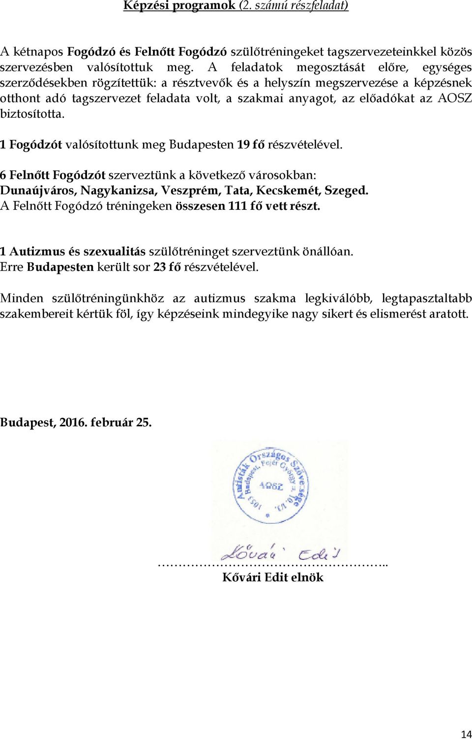AOSZ biztosította. 1 Fogódzót valósítottunk meg Budapesten 19 fő részvételével. 6 Felnőtt Fogódzót szerveztünk a következő városokban: Dunaújváros, Nagykanizsa, Veszprém, Tata, Kecskemét, Szeged.