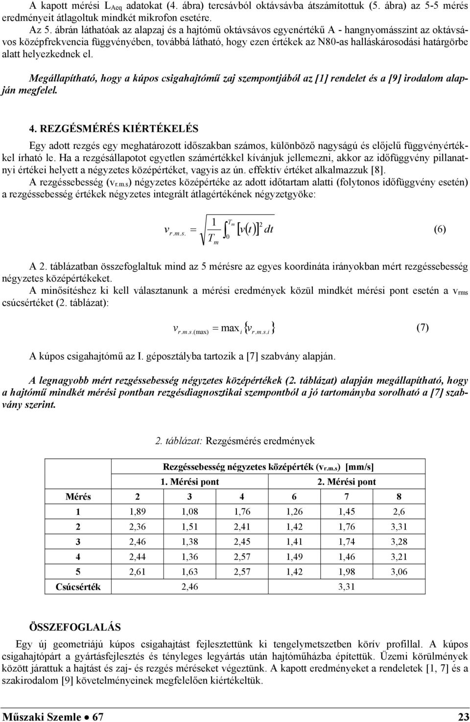 alatt helyezkednek el. Megállapítható, hogy a kúpos csigahajtómű zaj szempontjából az [1] rendelet és a [9] irodalom alapján megfelel. 4.