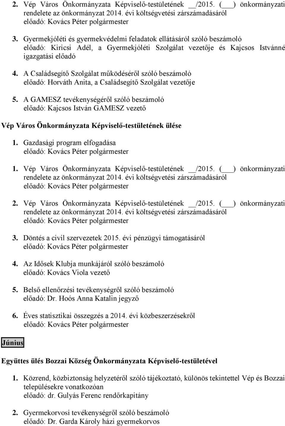 A Családsegítő Szolgálat működéséről szóló beszámoló előadó: Horváth Anita, a Családsegítő Szolgálat vezetője 5. A GAMESZ tevékenységéről szóló beszámoló előadó: Kajcsos István GAMESZ vezető 1.