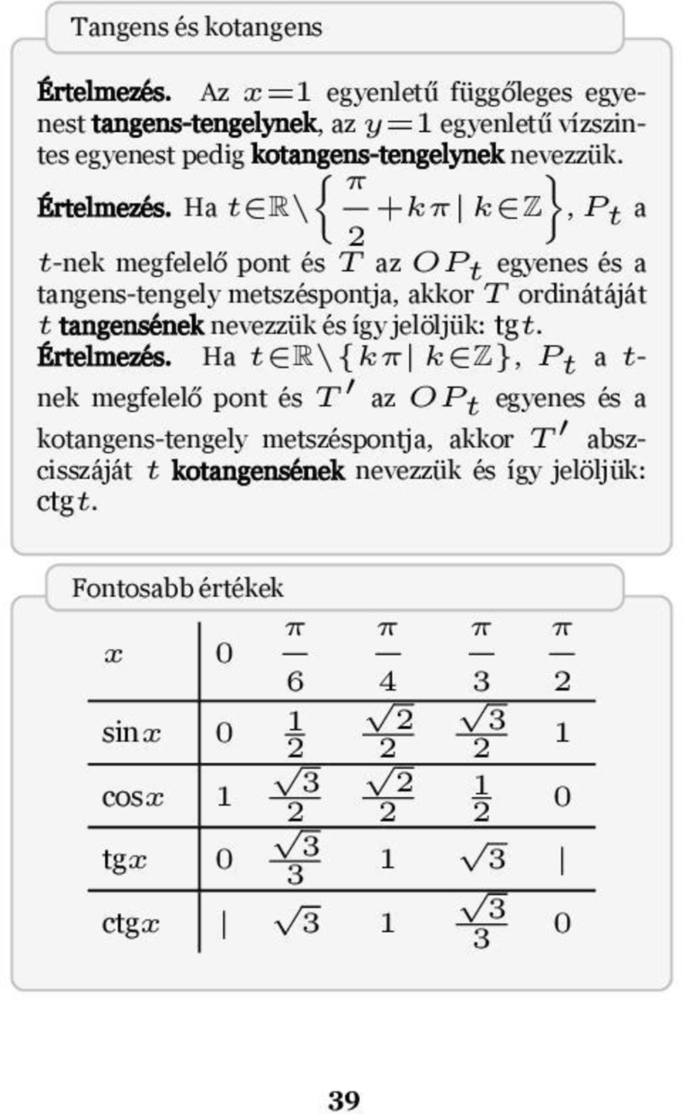 nevezzük és így jelöljük: tgt rtelmezés Ha t R\{kπ k Z}, P t a t- nek megfelelő pont és T az OP t egyenes és a kotangens-tengely metszéspontja, akkor T