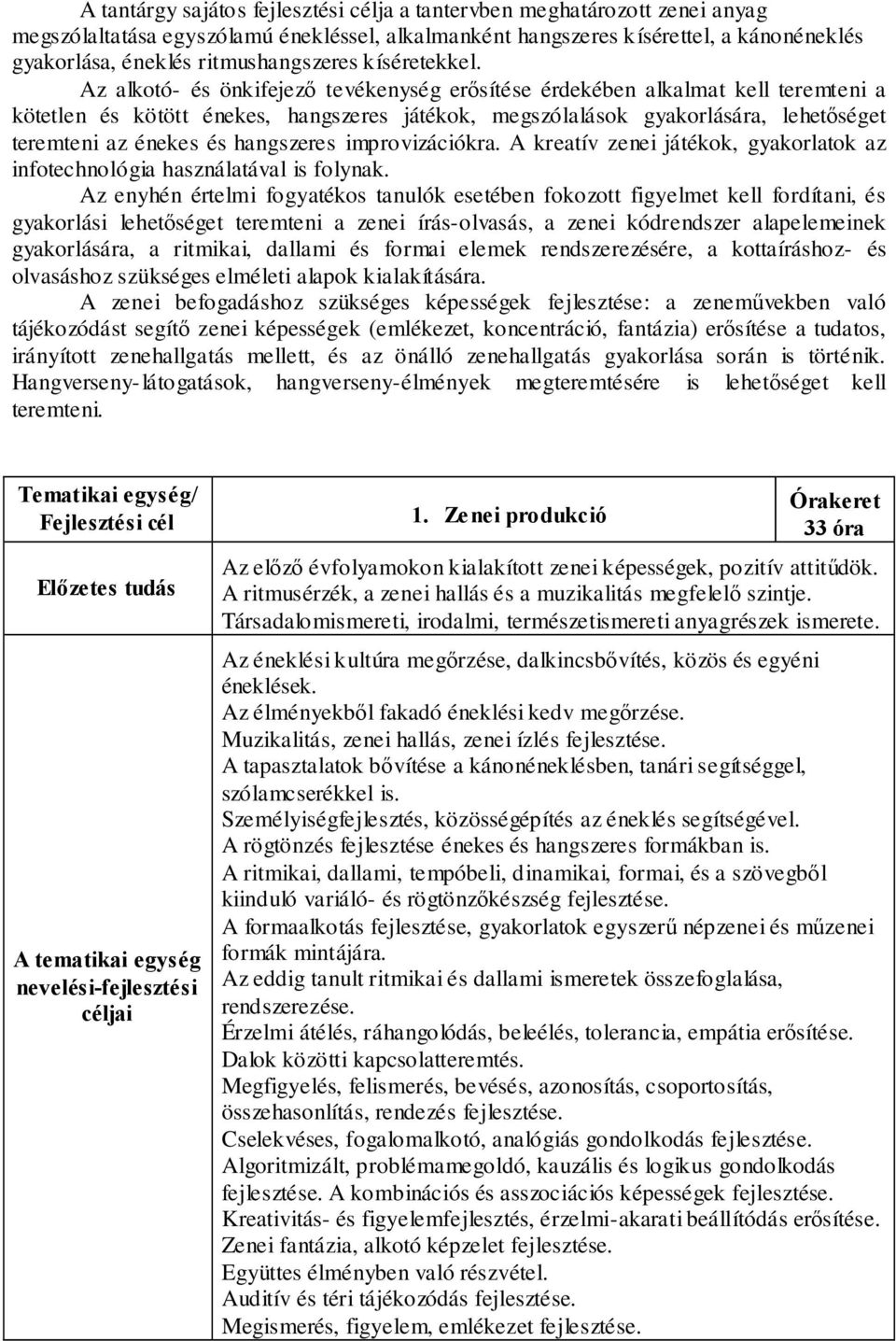 Az alkotó- és önkifejező tevékenység erősítése érdekében alkalmat kell teremteni a kötetlen és kötött énekes, hangszeres játékok, megszólalások gyakorlására, lehetőséget teremteni az énekes és