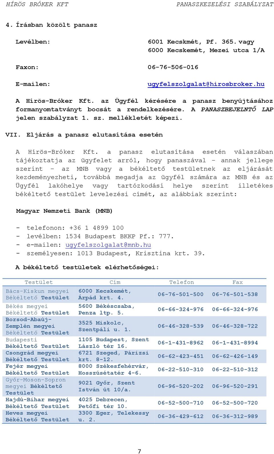 Eljárás a panasz elutasítása esetén A Hírös-Bróker Kft.