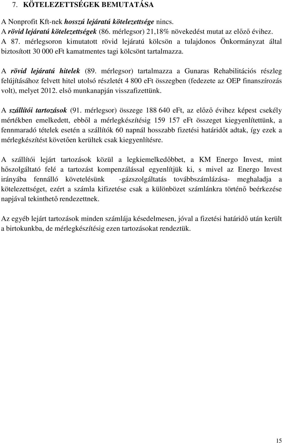 mérlegsor) tartalmazza a Gunaras Rehabilitációs részleg felújításához felvett hitel utolsó részletét 4 800 eft összegben (fedezete az OEP finanszírozás volt), melyet 2012.