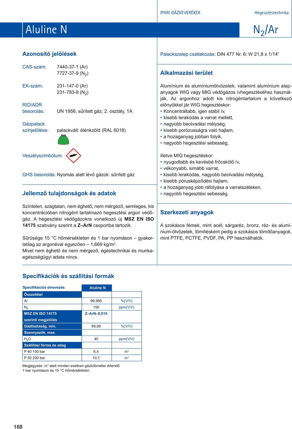 A hegesztési védôgázokra vonatkozó új MSZ EN ISO 14175 szabvány szerint a Z ArN csoportba tartozik. Sûrûsége 15 C hômérsékleten és 1 bar nyomáson gyakorlatilag az argonéval egyezôen 1,669 kg/m 3.