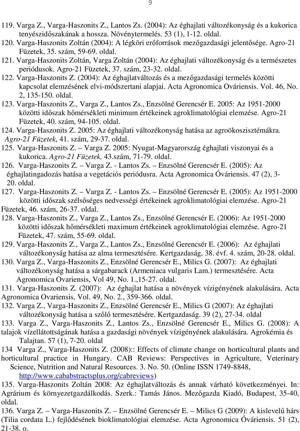 Varga-Haszonits Zoltán, Varga Zoltán (2004): Az éghajlati változékonyság és a természetes periódusok. Agro-21 Füzetek, 37. szám, 23-32. 122. Varga-Haszonits Z.