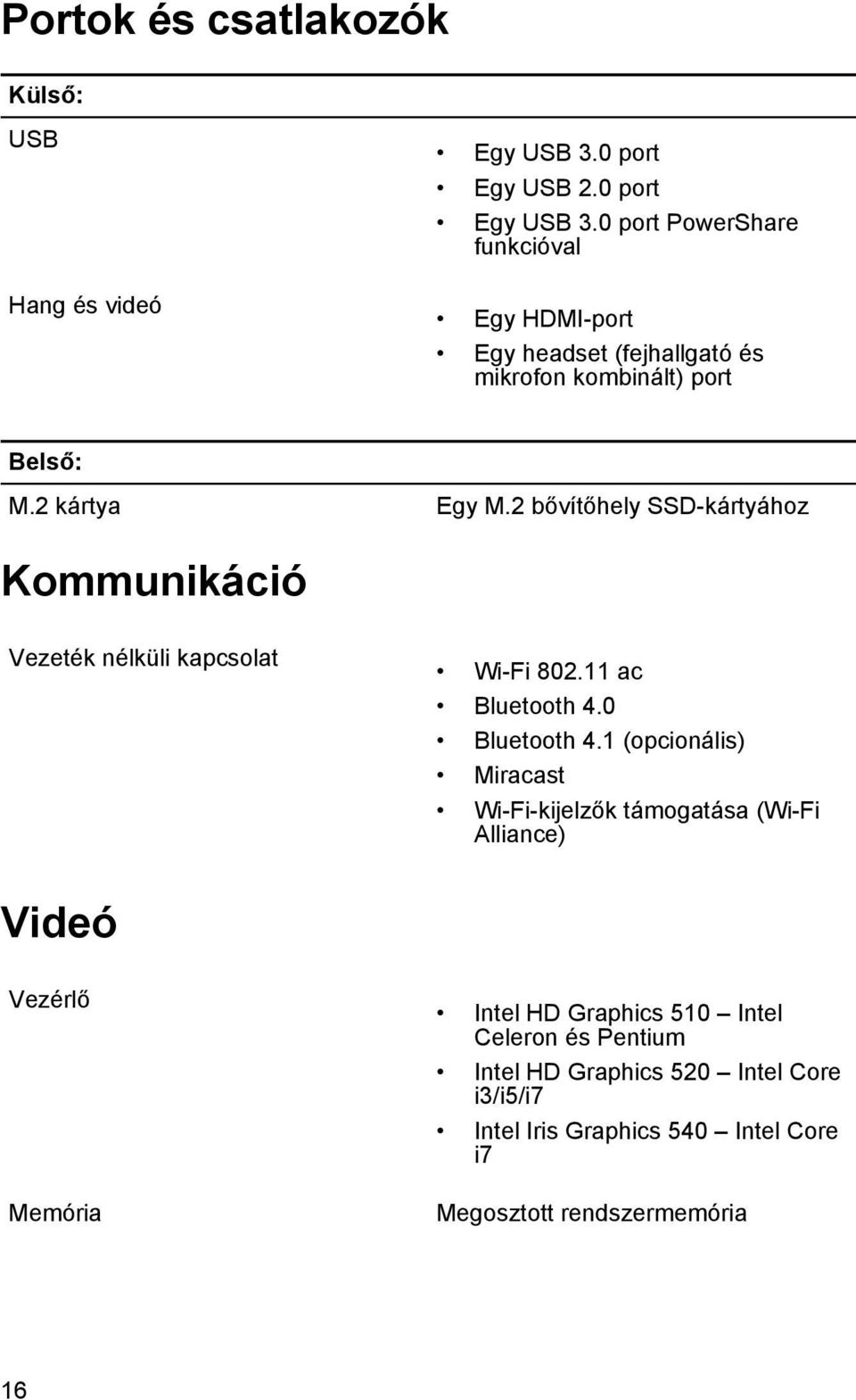 2 bővítőhely SSD-kártyához Kommunikáció Vezeték nélküli kapcsolat Wi-Fi 802.11 ac Bluetooth 4.0 Bluetooth 4.