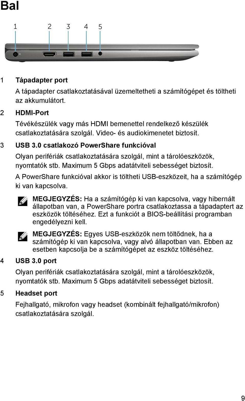 0 csatlakozó PowerShare funkcióval Olyan perifériák csatlakoztatására szolgál, mint a tárolóeszközök, nyomtatók stb. Maximum 5 Gbps adatátviteli sebességet biztosít.