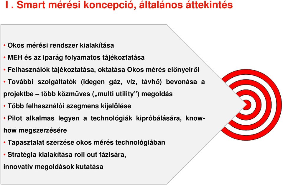 több közműves ( multi utility ) megoldás Több felhasználói szegmens kijelölése Pilot alkalmas legyen a technológiák