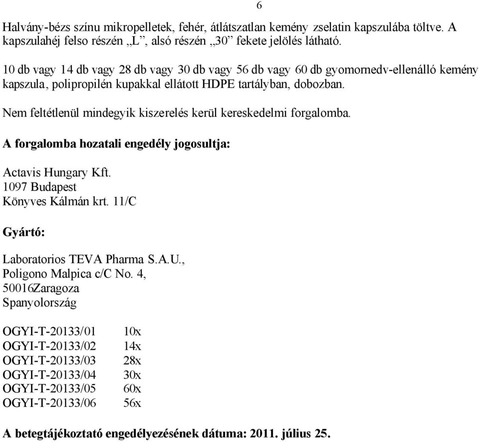 Nem feltétlenül mindegyik kiszerelés kerül kereskedelmi forgalomba. A forgalomba hozatali engedély jogosultja: Actavis Hungary Kft. 1097 Budapest Könyves Kálmán krt.