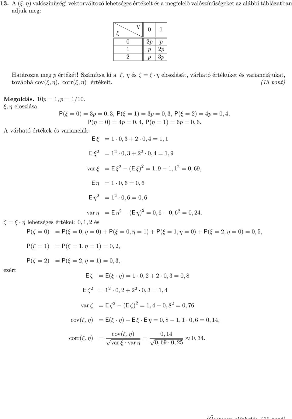 ξ, η eloszlása P(ξ = 0) = 3p = 0, 3, P(ξ = 1) = 3p = 0, 3, P(ξ = 2) = 4p = 0, 4, P(η = 0) = 4p = 0, 4, P(η = 1) = 6p = 0, 6.