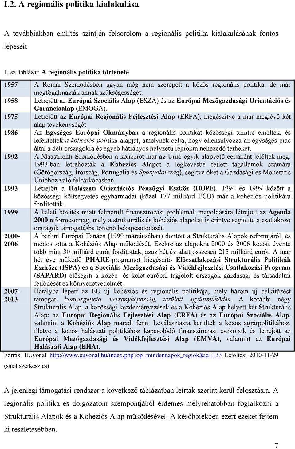 táblázat: A regionális politika története 1957 A Római Szerződésben ugyan még nem szerepelt a közös regionális politika, de már megfogalmazták annak szükségességét.