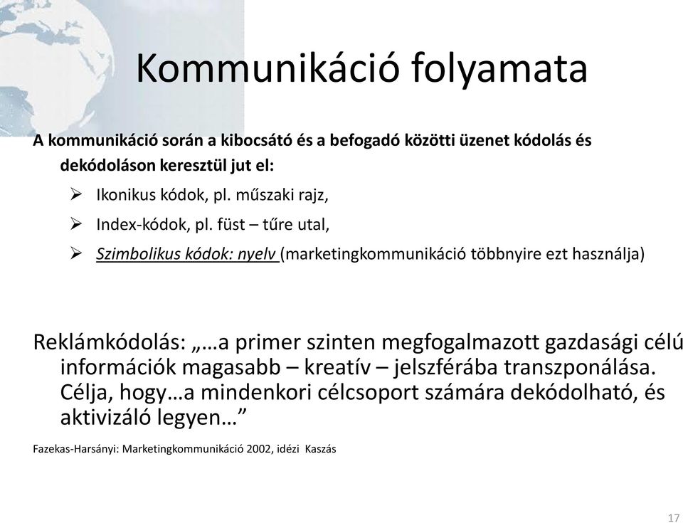 füst tűre utal, Szimbolikus kódok: nyelv (marketingkommunikáció többnyire ezt használja) Reklámkódolás: a primer szinten