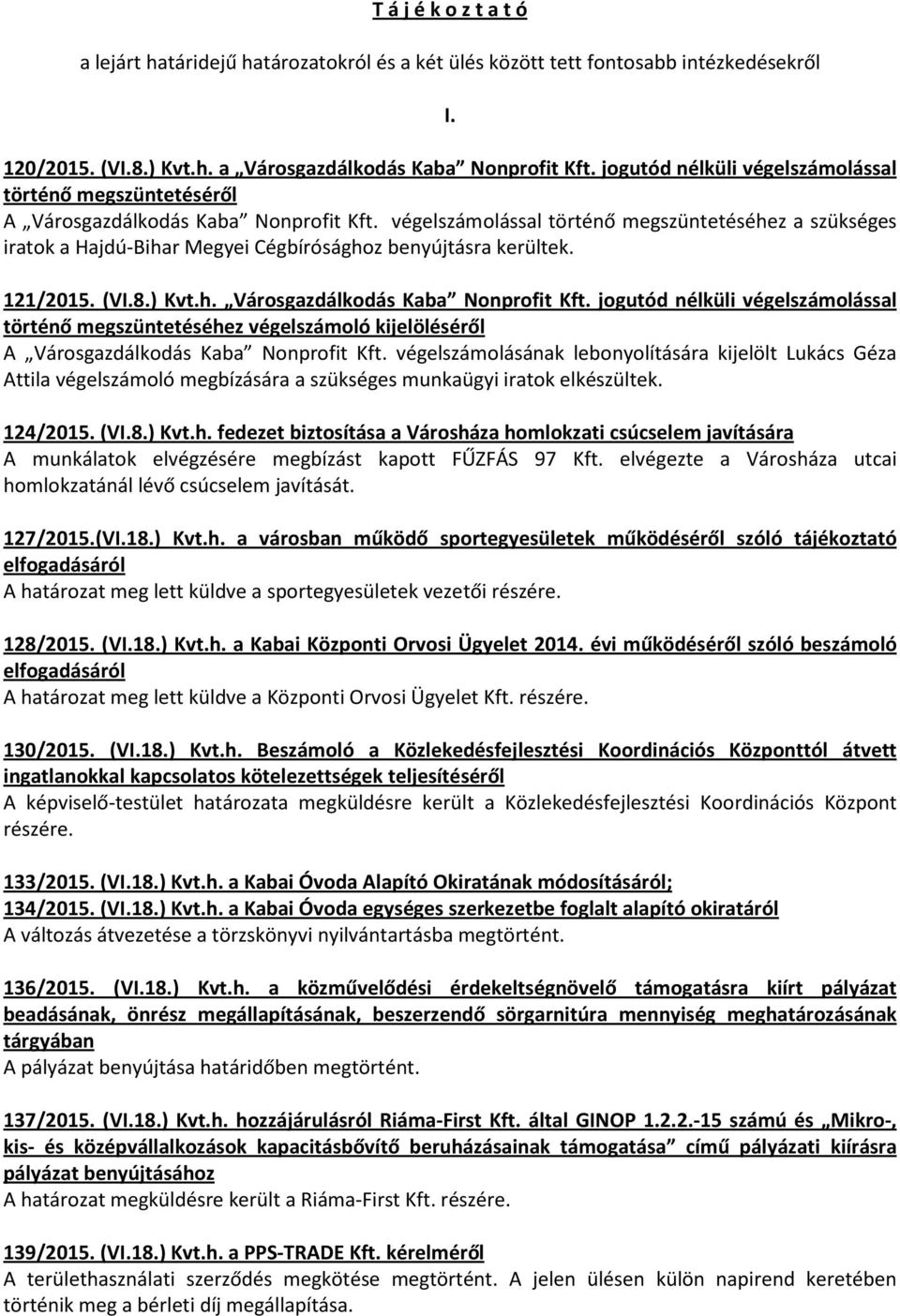 végelszámolással történő megszüntetéséhez a szükséges iratok a Hajdú-Bihar Megyei Cégbírósághoz benyújtásra kerültek. 121/2015. (VI.8.) Kvt.h. Városgazdálkodás Kaba Nonprofit Kft.