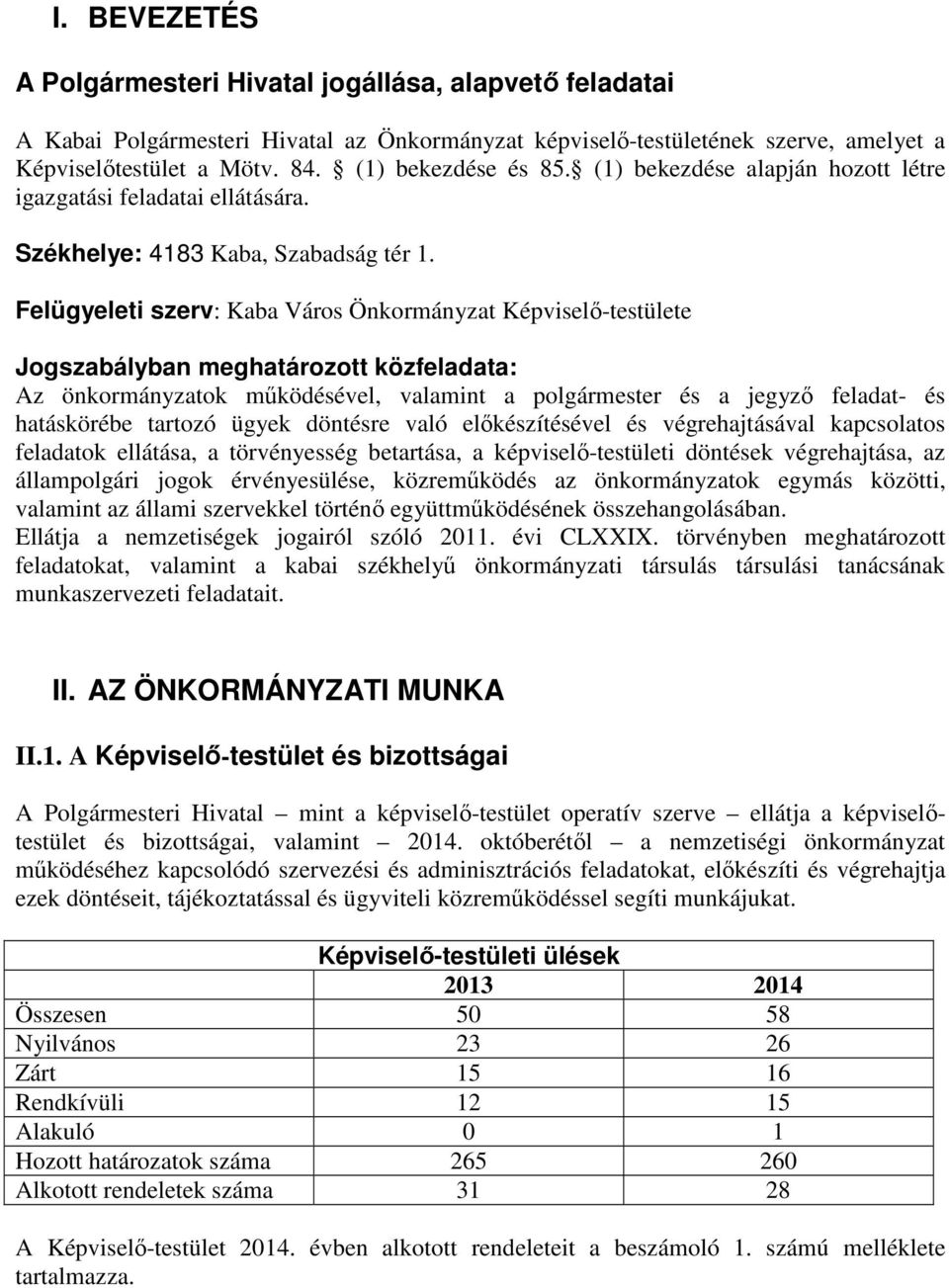 Felügyeleti szerv: Kaba Város Önkormányzat Képviselő-testülete Jogszabályban meghatározott közfeladata: Az önkormányzatok működésével, valamint a polgármester és a jegyző feladat- és hatáskörébe