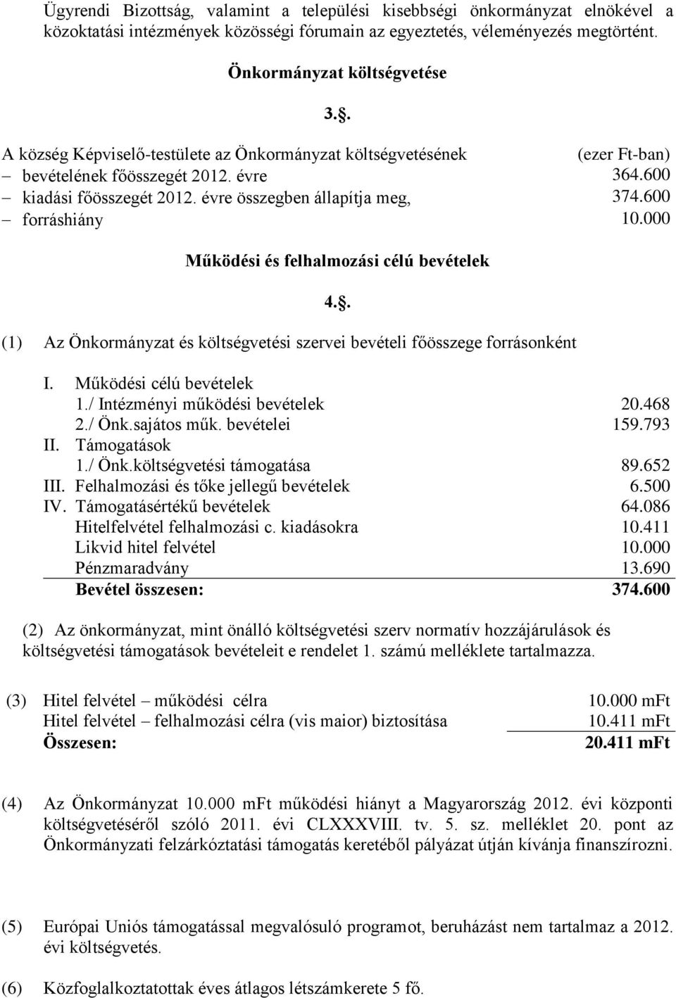 000 Működési és felhalmozási célú bevételek (1) Az Önkormányzat és költségvetési szervei bevételi főösszege forrásonként 4.. I. Működési célú bevételek 1./ Intézményi működési bevételek 20.468 2.