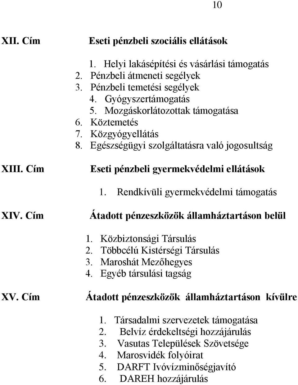 Rendkívüli gyermekvédelmi támogatás XIV. Cím Átadott pénzeszközök államháztartáson belül 1. Közbiztonsági Társulás 2. Többcélú Kistérségi Társulás 3. Maroshát Mezőhegyes 4.