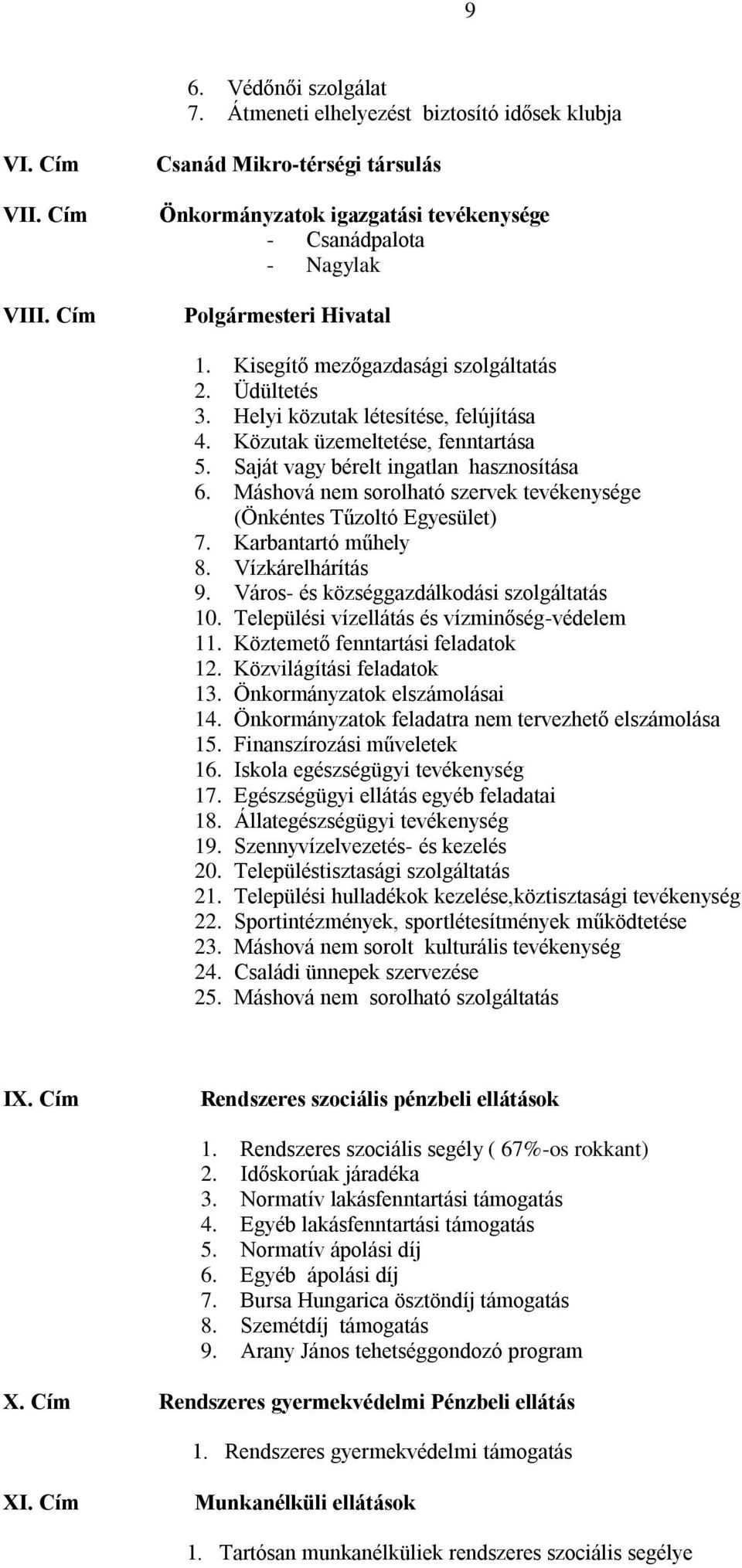 Helyi közutak létesítése, felújítása 4. Közutak üzemeltetése, fenntartása 5. Saját vagy bérelt ingatlan hasznosítása 6. Máshová nem sorolható szervek tevékenysége (Önkéntes Tűzoltó Egyesület) 7.