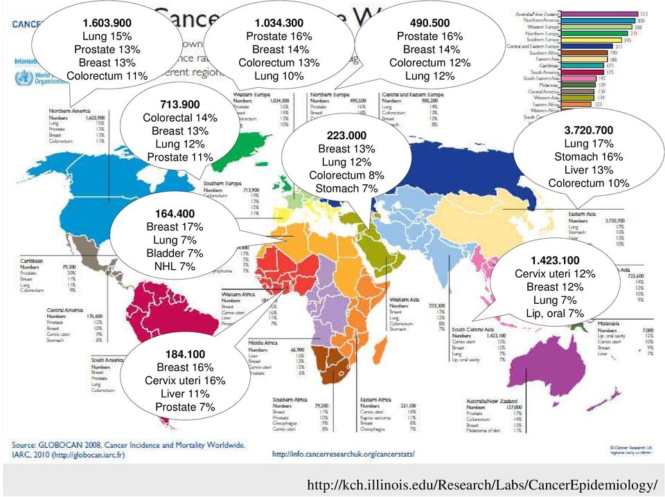 400 Breast 17% Lung 7% Bladder 7% NHL 7% 223.000 Breast 13% Lung 12% Colorectum 8% Stomach 7% 3.720.