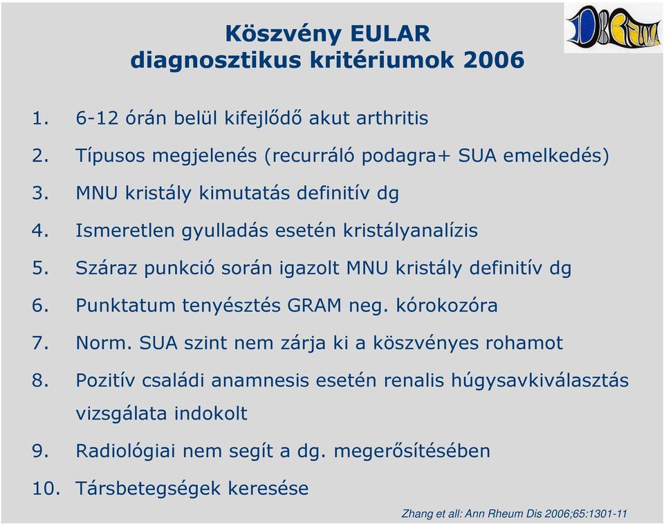 Száraz punkció során igazolt MNU kristály definitív dg 6. Punktatum tenyésztés GRAM neg. kórokozóra 7. Norm.