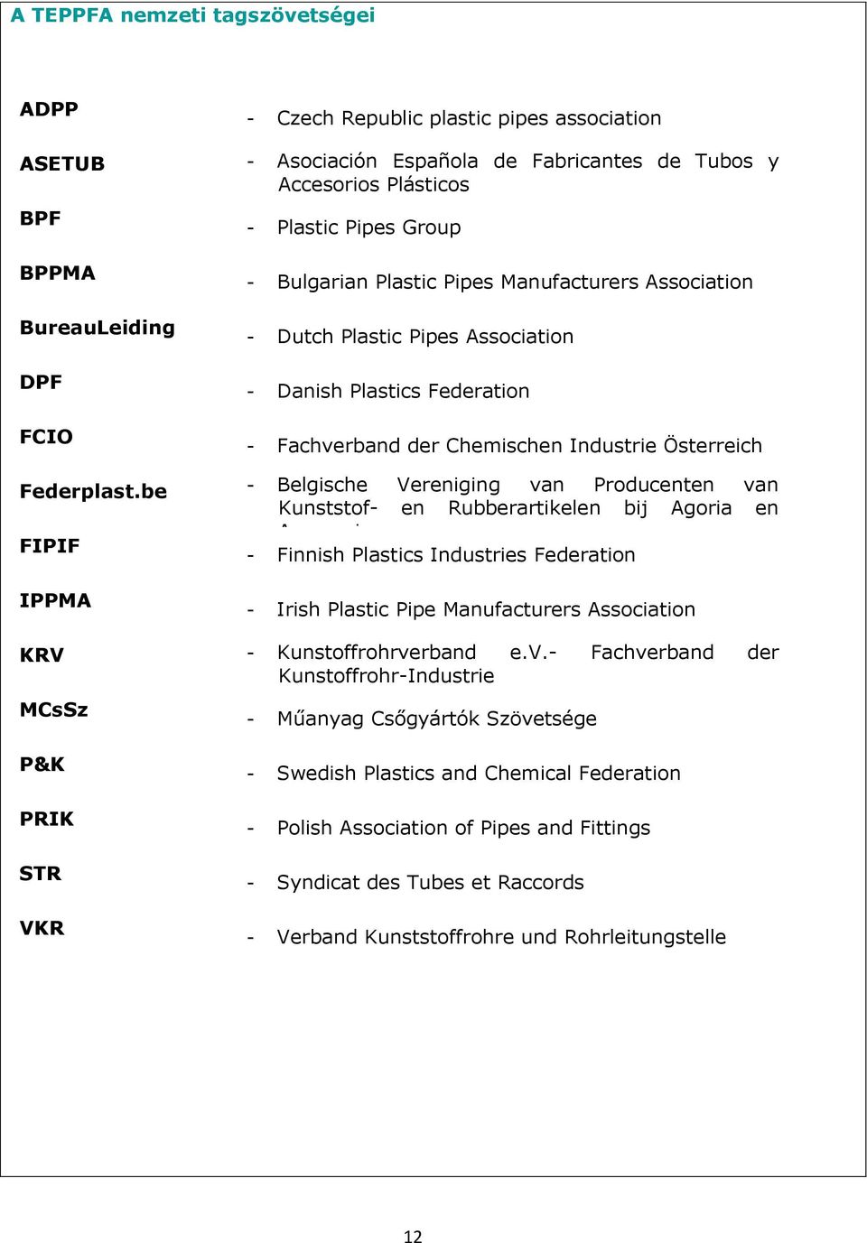 be - Belgische Vereniging van Producenten van Kunststof- en Rubberartikelen bij Agoria en Assenscia FIPIF - Finnish Plastics Industries Federation IPPMA - Irish Plastic Pipe Manufacturers Association
