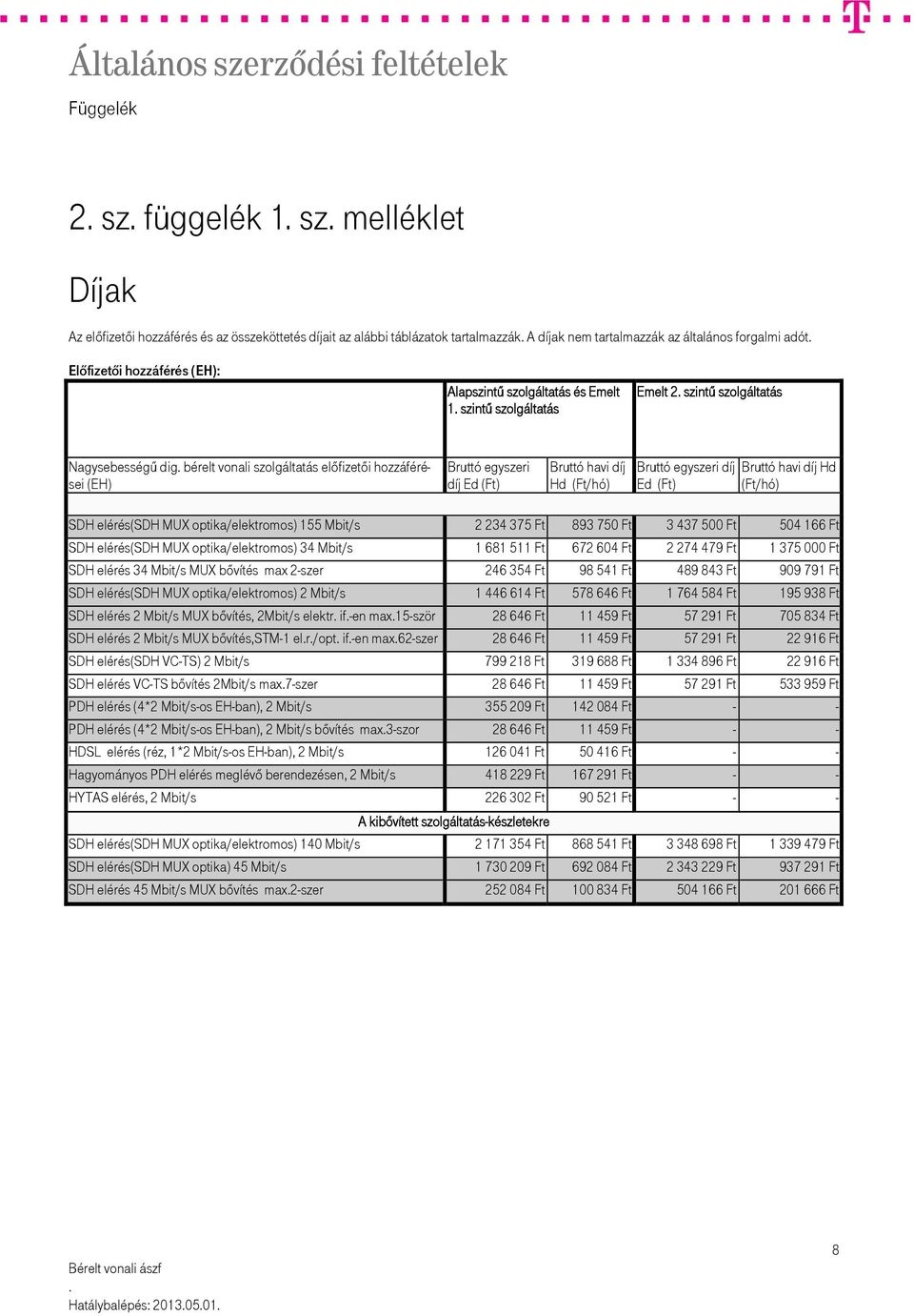 havi díj Hd (Ft/hó) Bruttó egyszeri díj Ed (Ft) Bruttó havi díj Hd (Ft/hó) SDH elérés(sdh MUX optika/elektromos) 155 Mbit/s 2 234 375 Ft 893 750 Ft 3 437 500 Ft 504 166 Ft SDH elérés(sdh MUX