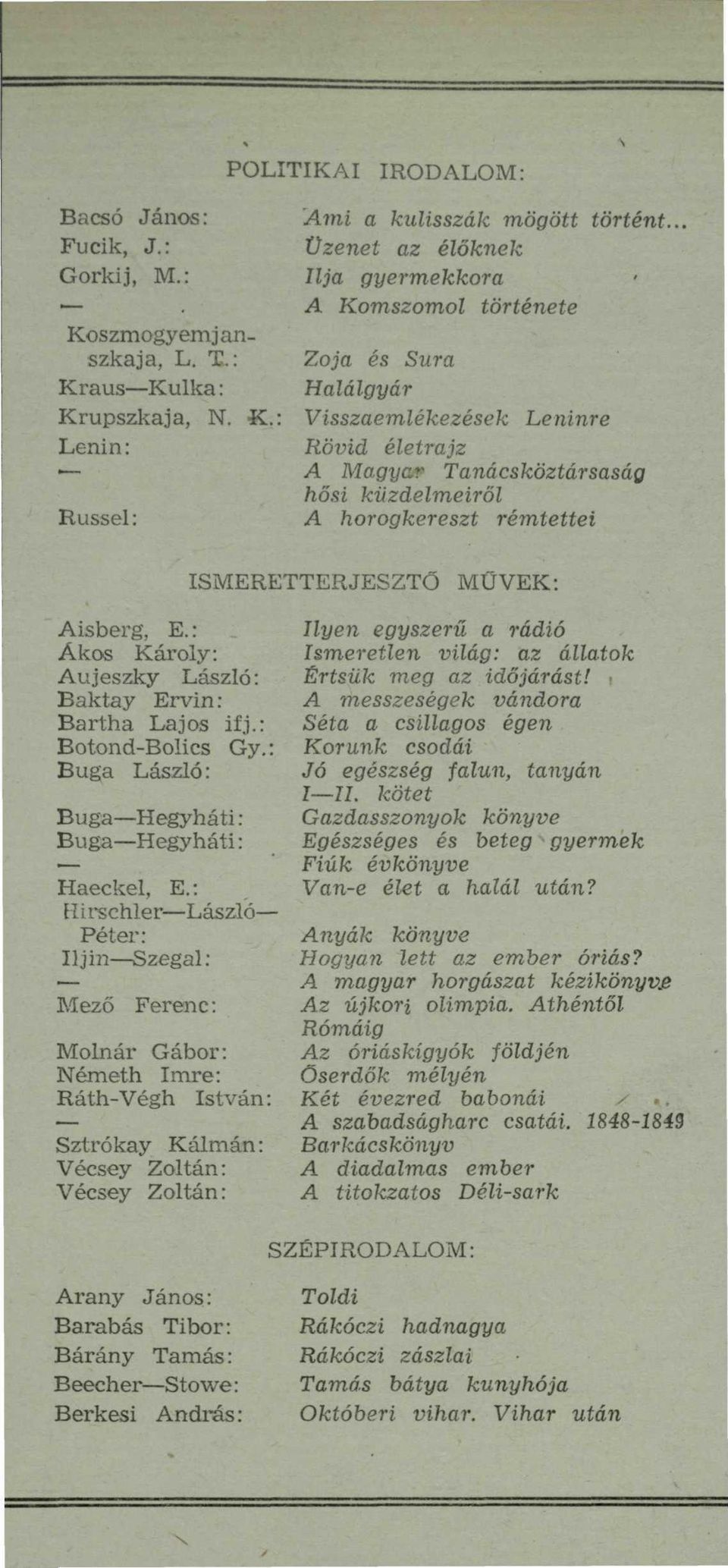 Aisberg, E.: Ákos Károly: Aujeszky László: Baktay Ervin: Bartha Lajos ifj.: Botond-Bolics Gy.: Buga László: Buga Hegyháti: Buga Hegyháti: Haeckel, E.