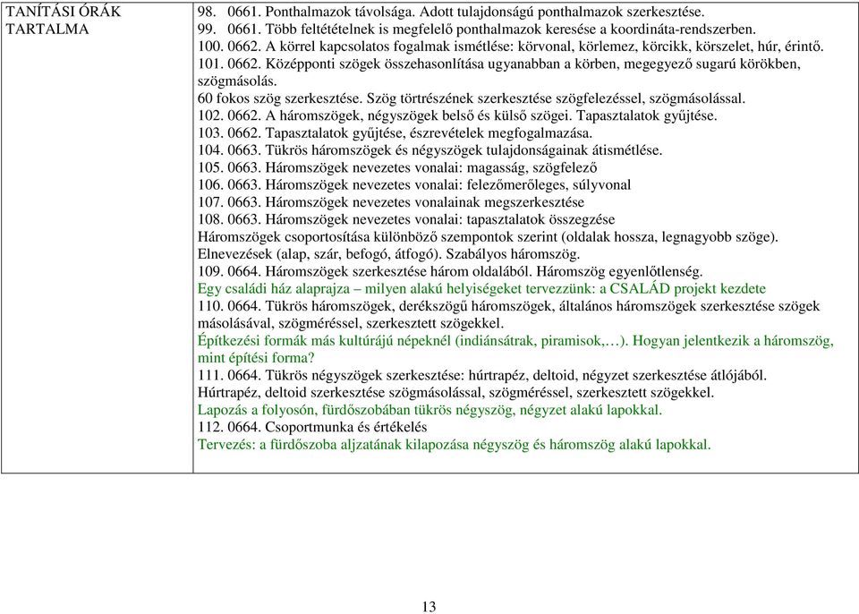 Középponti szögek összehasonlítása ugyanabban a körben, megegyezı sugarú körökben, szögmásolás. 60 fokos szög szerkesztése. Szög törtrészének szerkesztése szögfelezéssel, szögmásolással. 102. 0662.