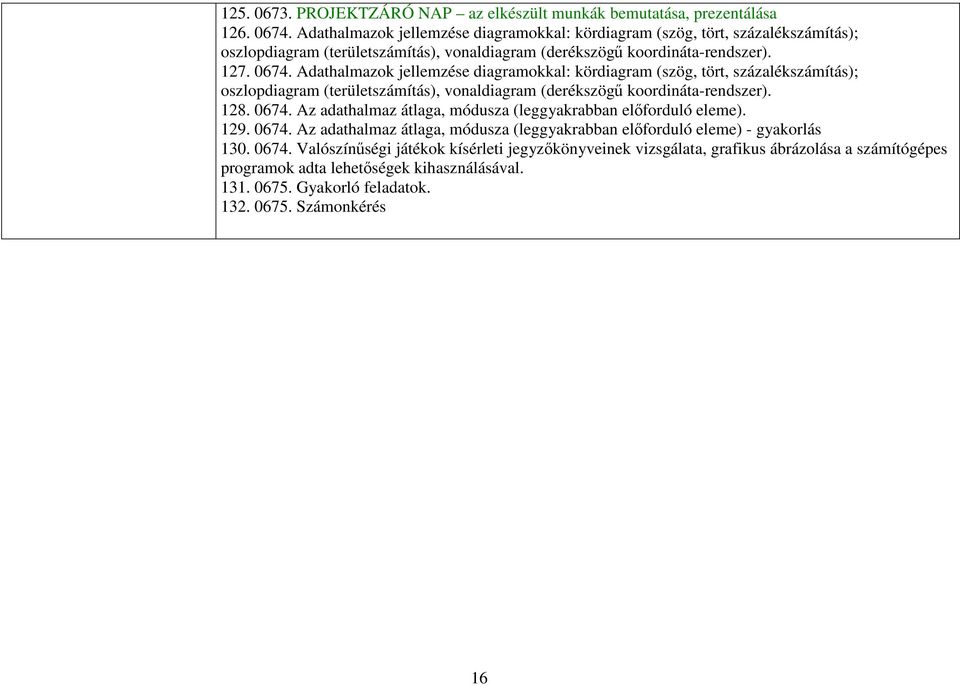 Adathalmazok jellemzése diagramokkal: kördiagram (szög, tört, százalékszámítás); oszlopdiagram (területszámítás), vonaldiagram (derékszögő koordináta-rendszer). 128. 0674.