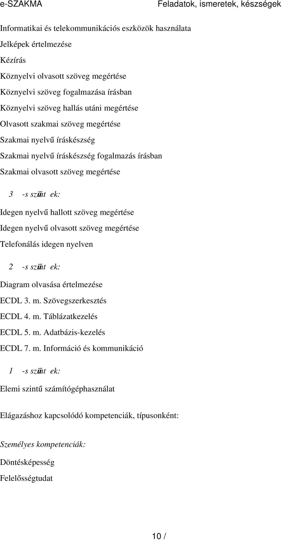 nyelv ű hallott szöveg megértése Idegen nyelv ű olvasott szöveg megértése Telefonálás idegen nyelven 2 -s szint ű ek: Diagram olvasása értelmezése ECDL 3. m. Szövegszerkesztés ECDL 4. m. Táblázatkezelés ECDL 5.