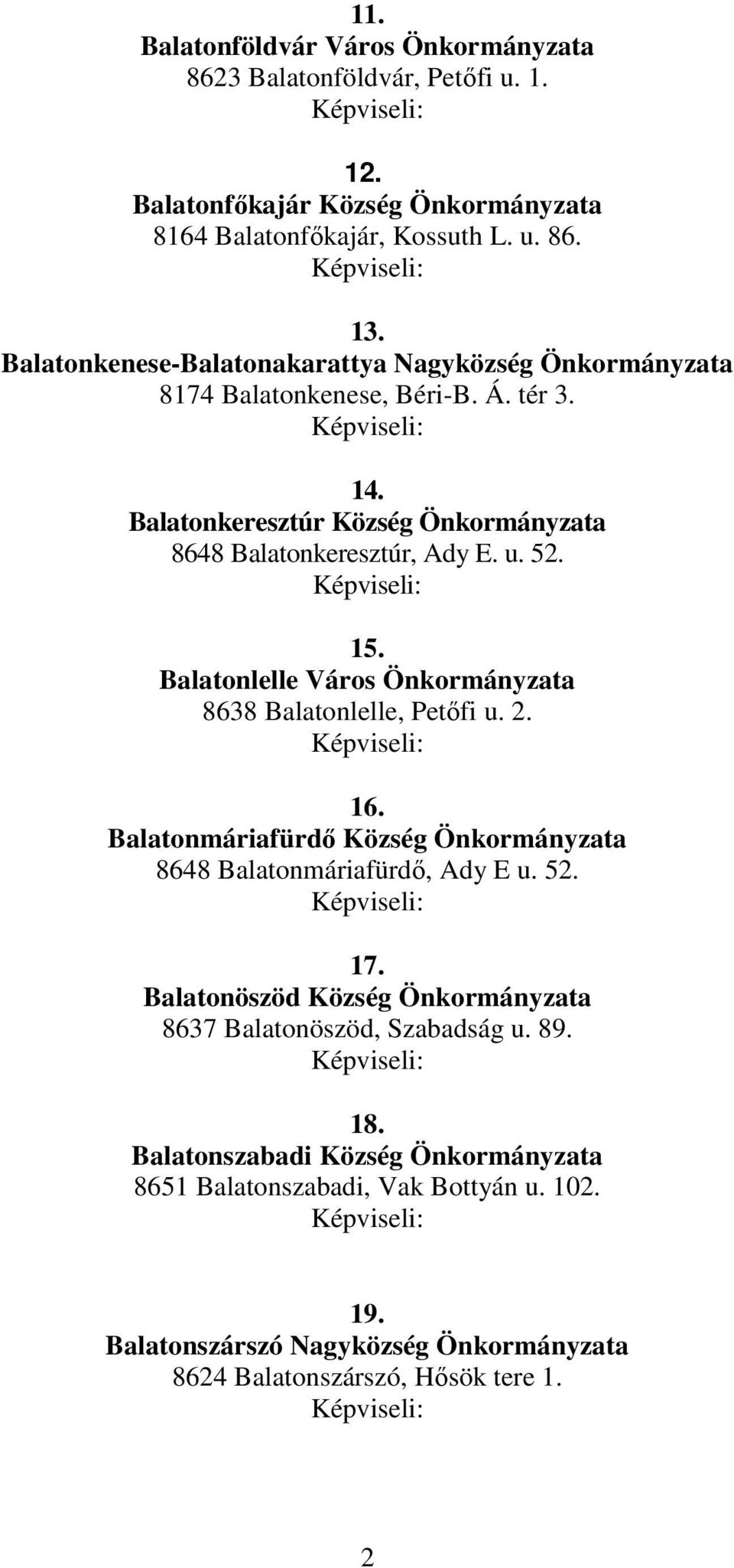 Balatonlelle Város Önkormányzata 8638 Balatonlelle, Petıfi u. 2. 16. Balatonmáriafürdı Község Önkormányzata 8648 Balatonmáriafürdı, Ady E u. 52. 17.