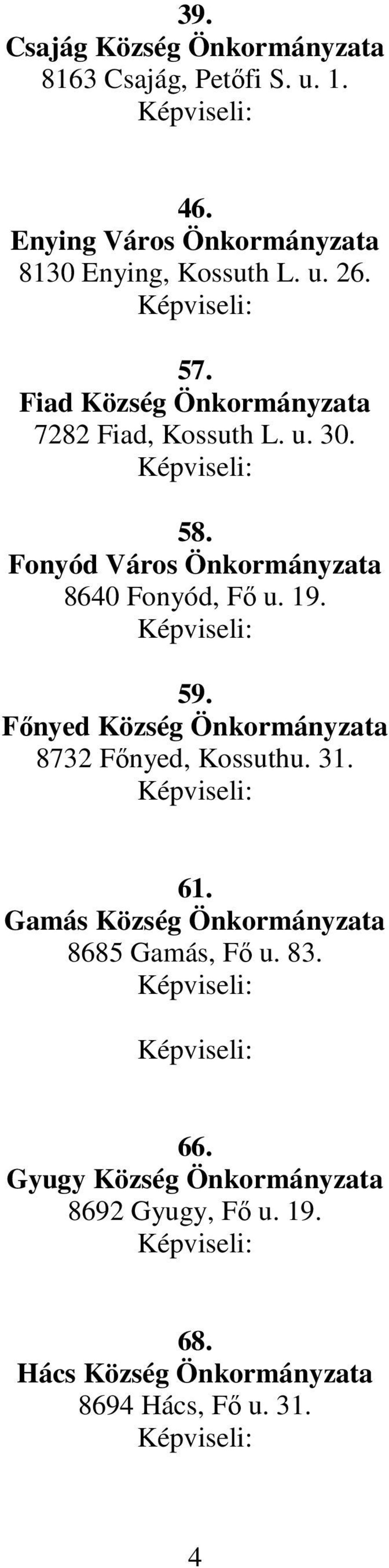 58. Fonyód Város Önkormányzata 8640 Fonyód, Fı u. 19. 59. Fınyed Község Önkormányzata 8732 Fınyed, Kossuthu. 31.